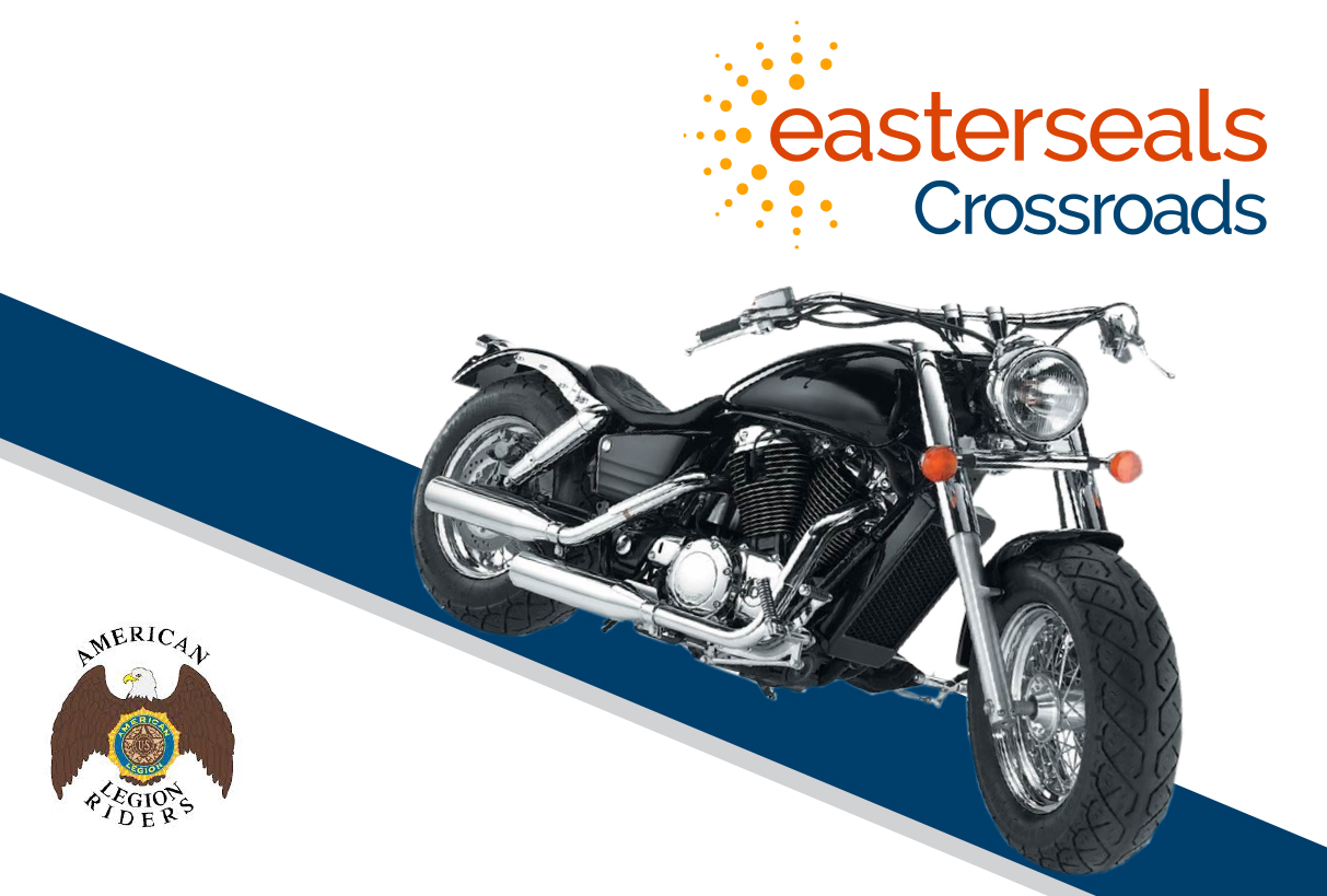 motorcycle image with Easterseals Crossroads logo and American Legion Riders logo