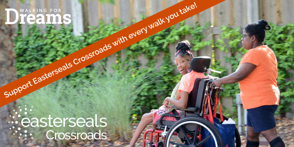 image of two women walking and logos of Easterseals Crossroads and Walking for Dreams