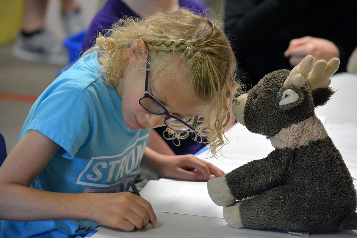 A girl writing or drawing with a stuffed animal.