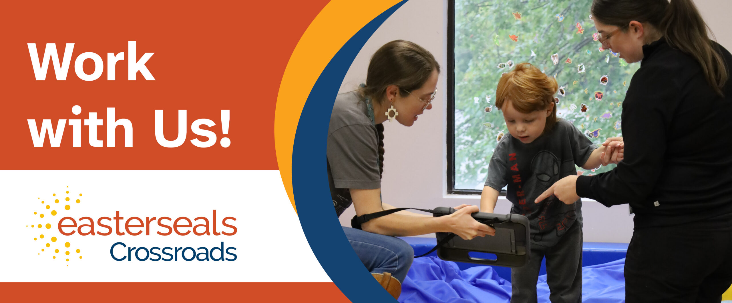 colorful circles; words work with us, be part of something bigger and link to careers page