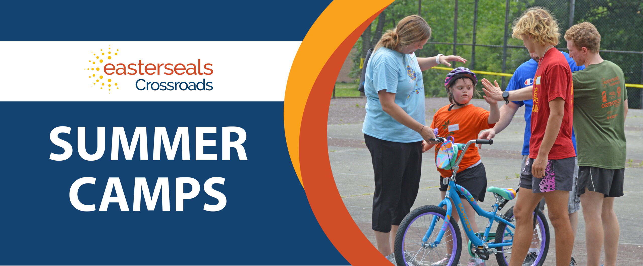 iCan Bike rider with spotters and words iCan Bike registration open