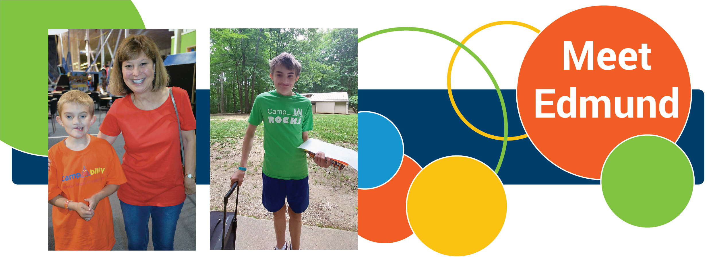 Meet Edmund words with colorful circles and 2 photos of Edmund - one at CampAbility and one at Camp ROCKS