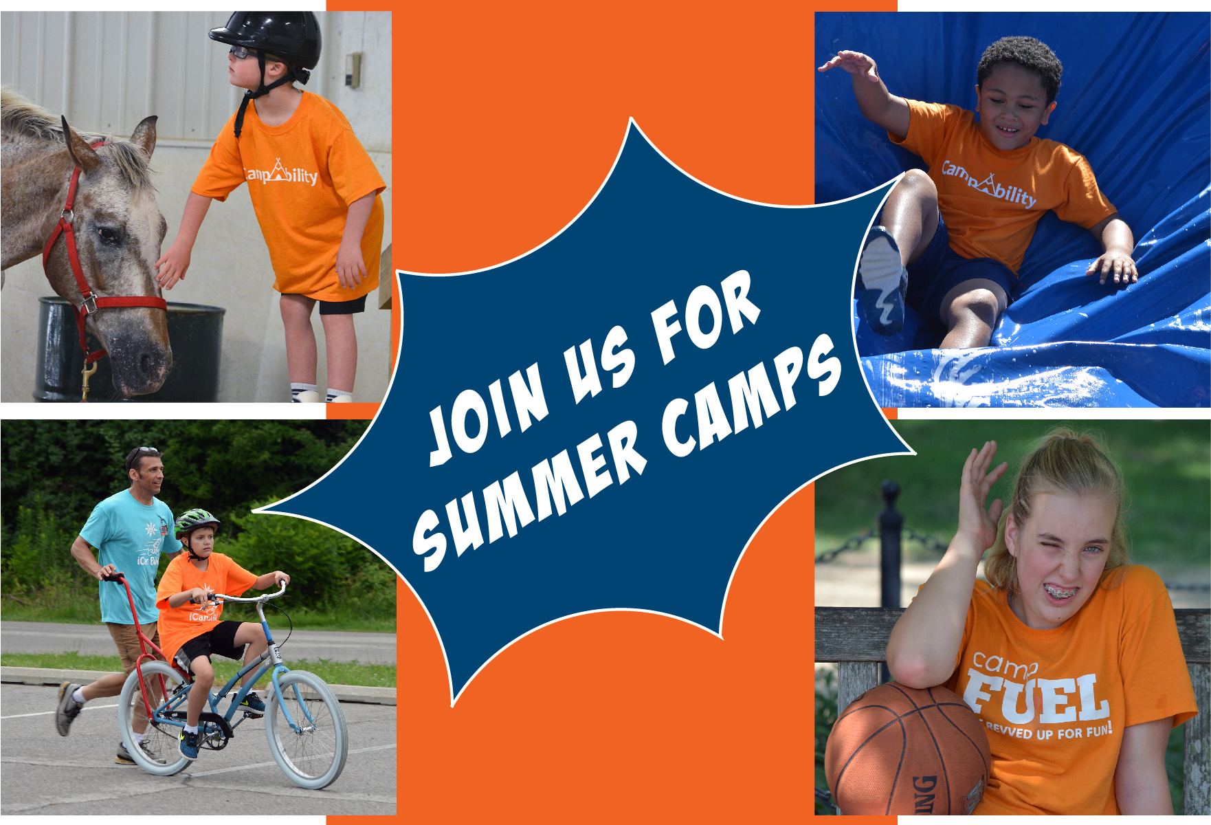 Four images of kids having fun at camp rocks, campability and camp fuel