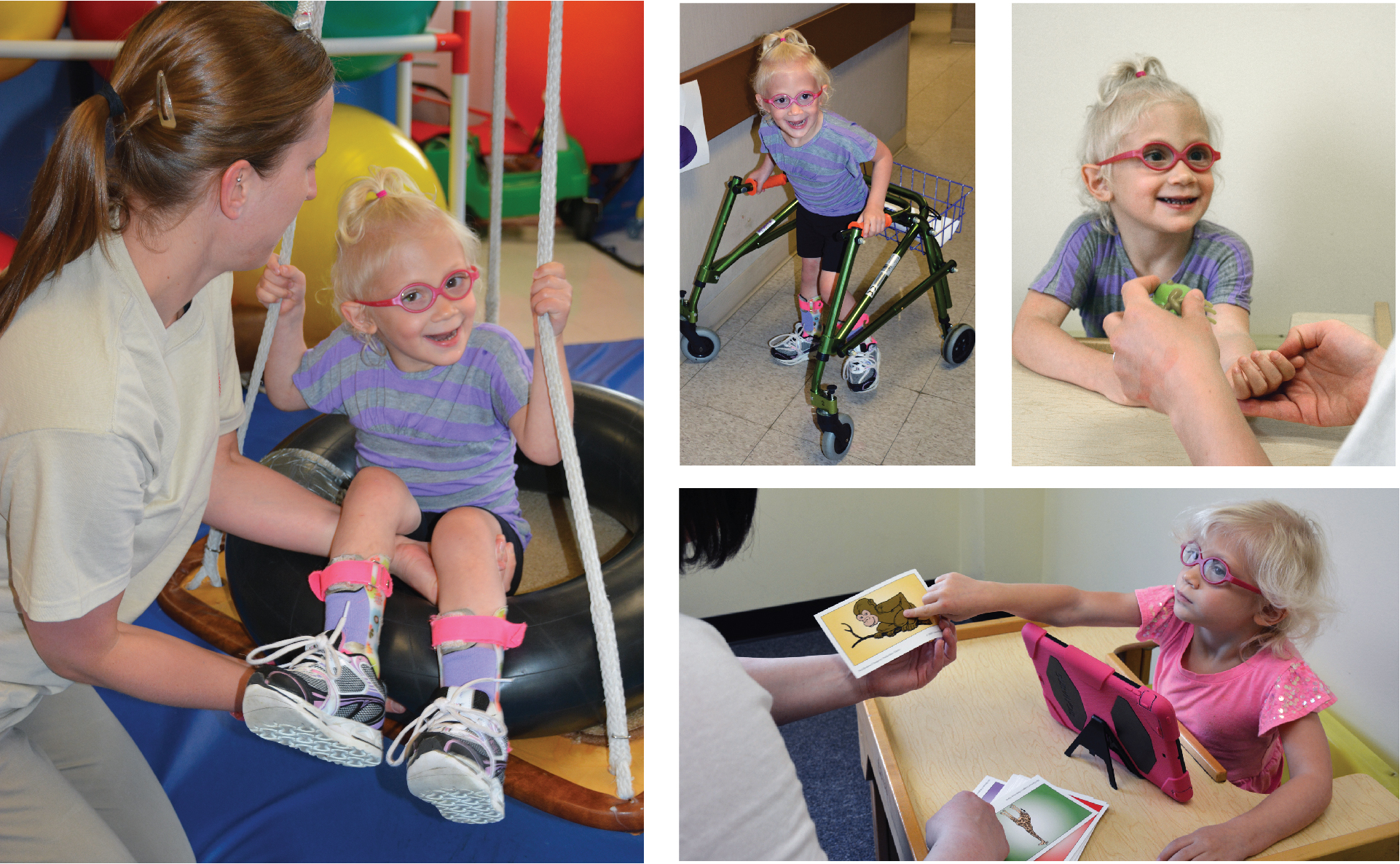 images of Audrey at the age of 4 swinging, walking, smiling and communicating