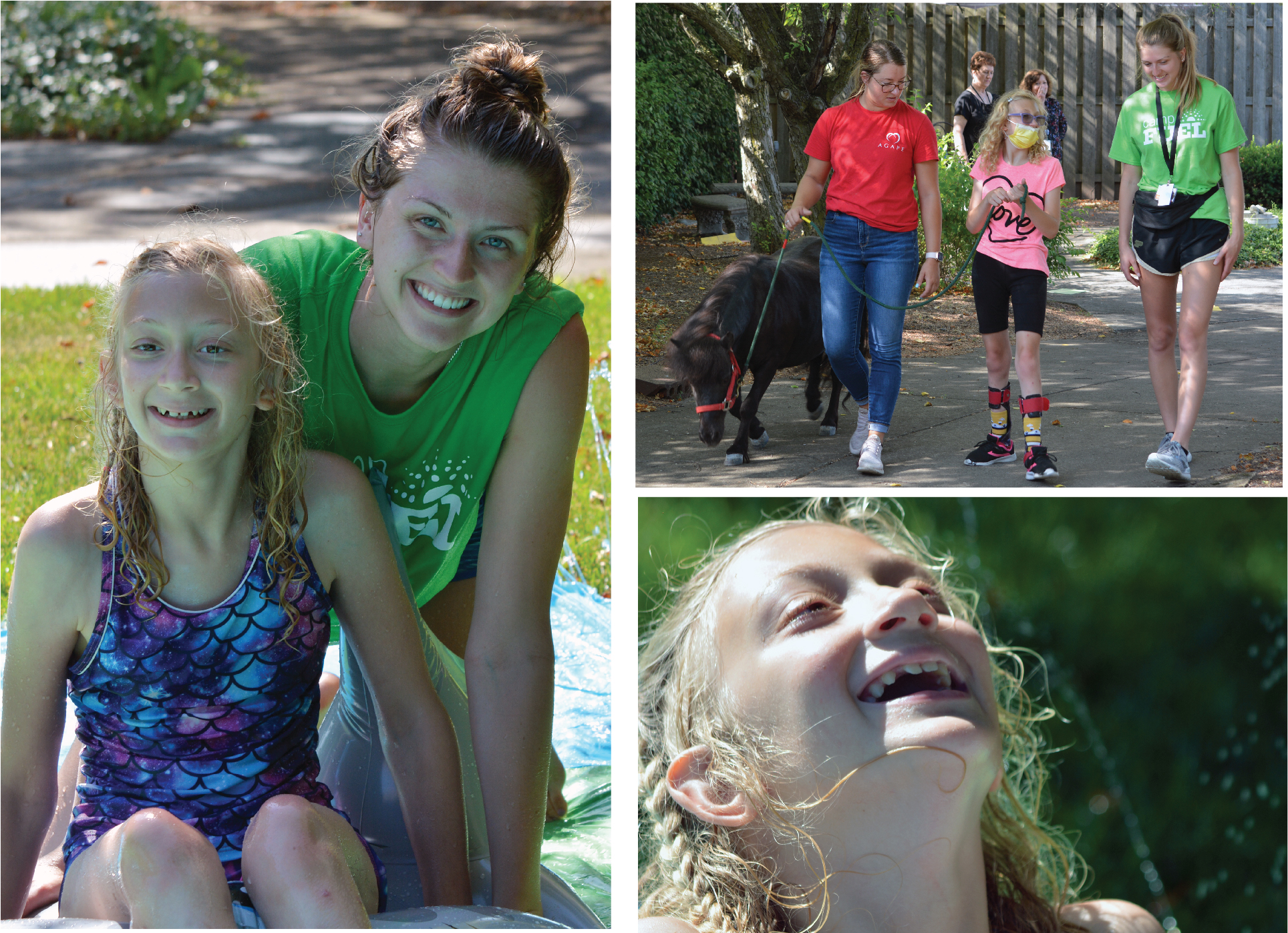 images of Audrey at Camp FUEL smiling with counselor and walking with pony