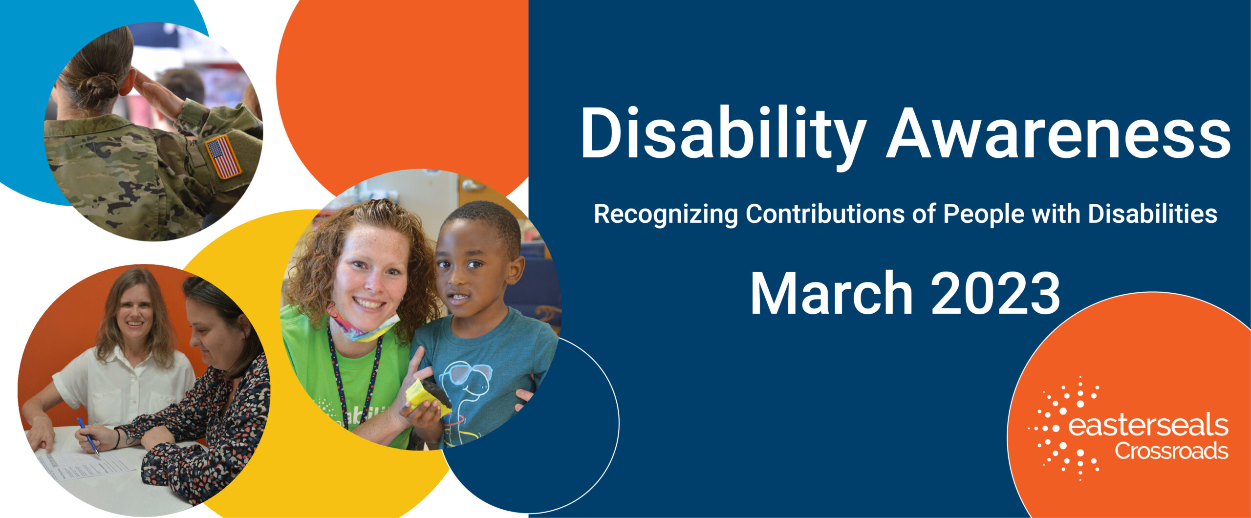 words disability awareness March 2023 and colorful circle images of adults and children