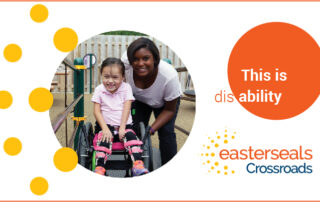 child with therapist, words this is disability, logo