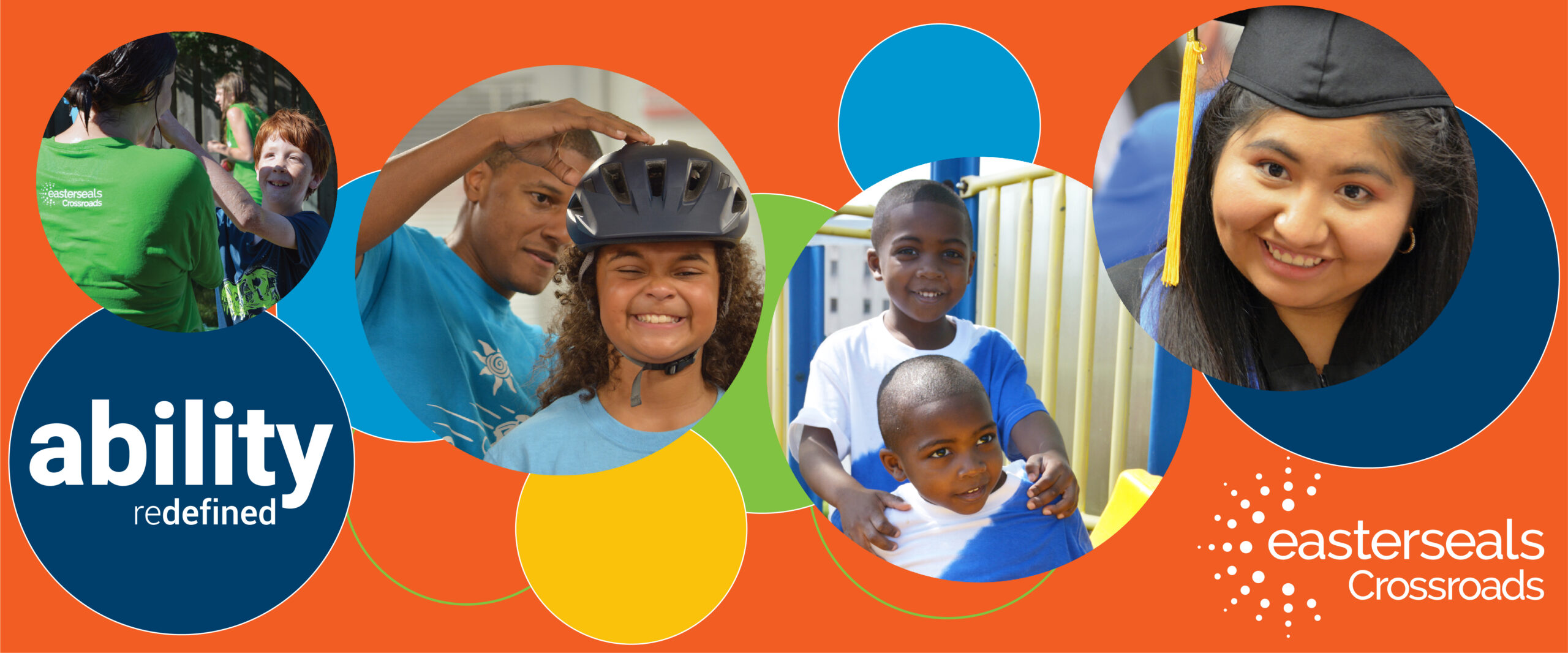 images of program participants smiling, riding a bike, graduating all with colorful circle images