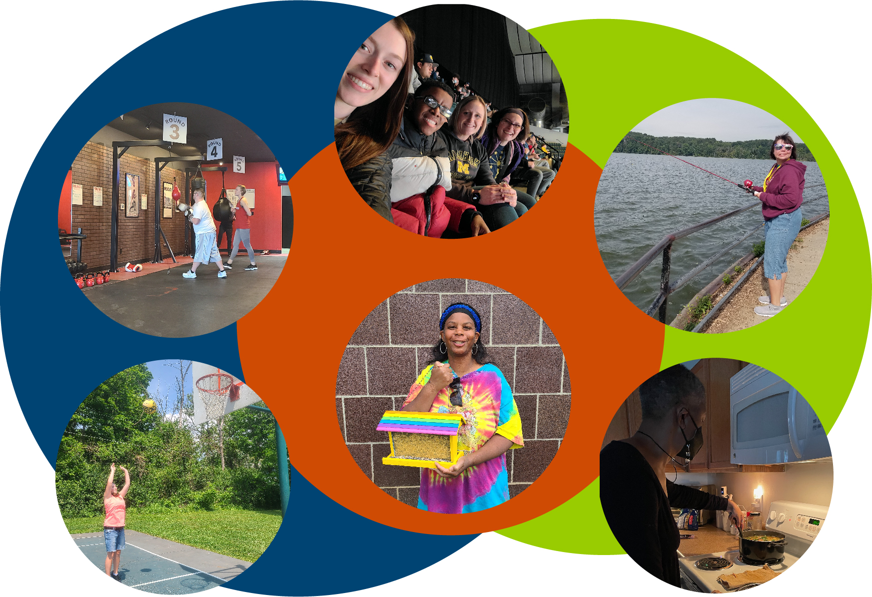 images of 6 people enjoying time spent on recreation therapy