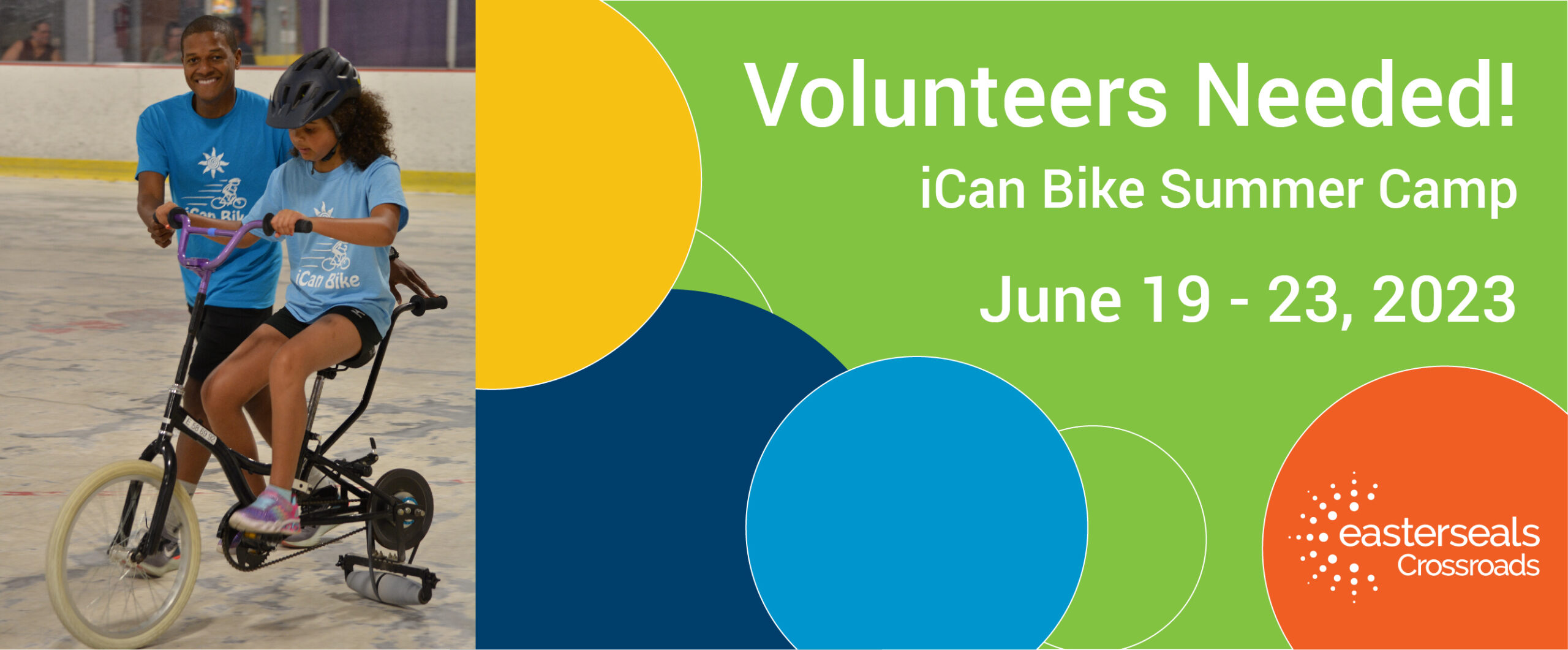 volunteers needed for ican bike child riding a bike with a spotter